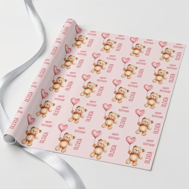 Söt Rosa Ballong Barn Teddybjörn Glad Födelsedag Presentpapper (Cute Pink Balloon Kids Teddy Bear Happy Birthday Wrapping Paper)