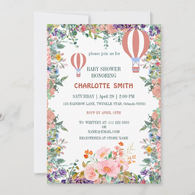 Söt rosa ballong gradient blomma baby shower inbjudningar (Framsida)