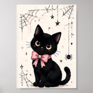 Söt Rosa Bandy Spindelnät Svart Katt Poster