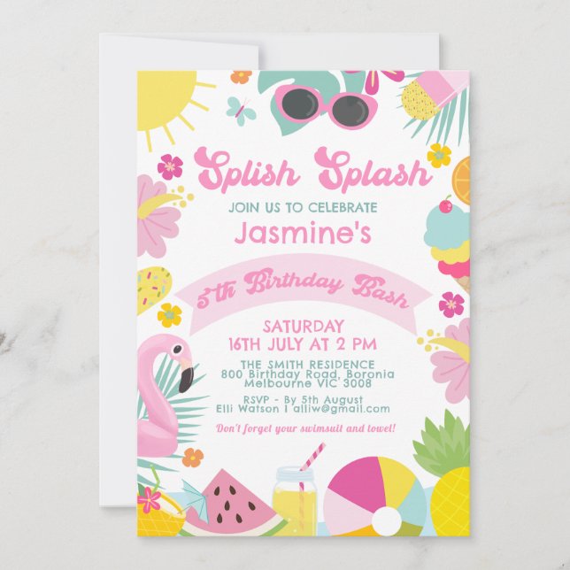Söt Rosa Banner Retro Splish Splash 5-årsfest Inbjudningar (Framsida)