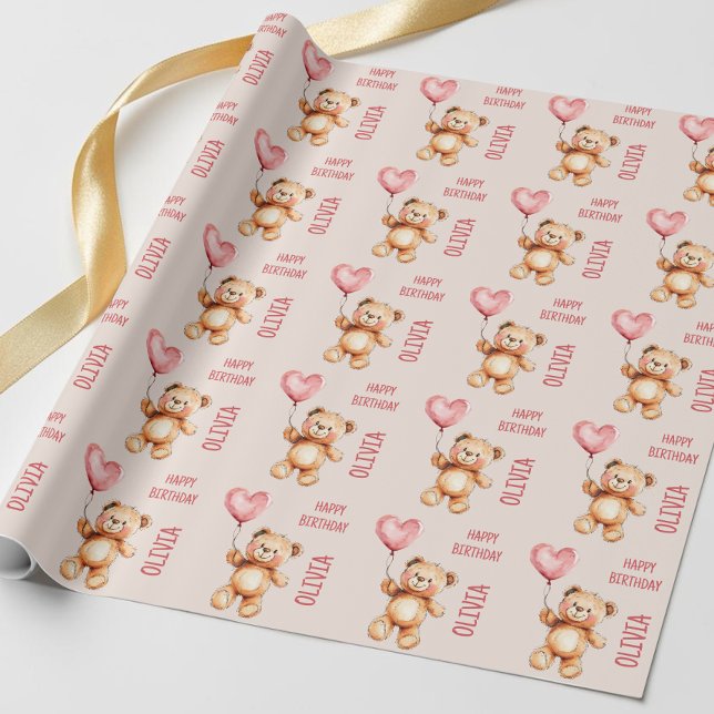 Söt Rosa Barn Namn Vattenfärg Björn Glad Födelseda Presentpapper (Cute Pink Kids Name Watercolor Bear Happy Birthday Wrapping Paper)
