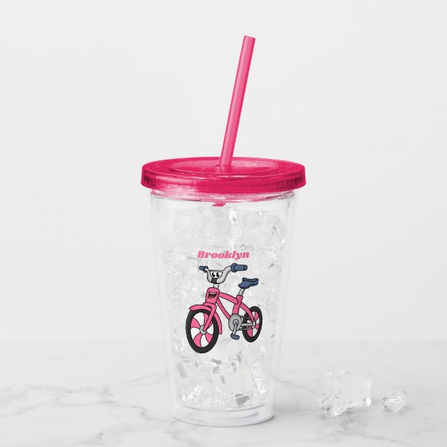 Söt rosa barncykel serieillustration take away mugg (Baksida Ice)