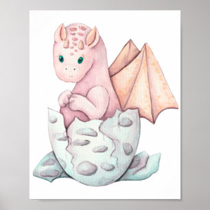 Söt Rosa Bebisdrake Kläckande Konst Poster