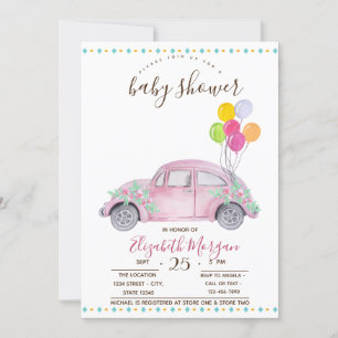 Söt rosa bil,Ballonger sicksack baby shower Inbjudningar