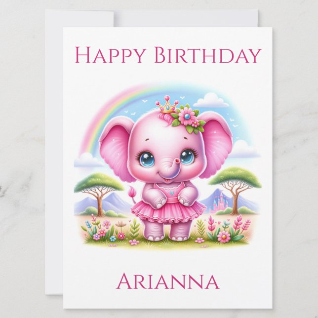 Söt Rosa Birthday Elephant Birthday Card (Framsida)