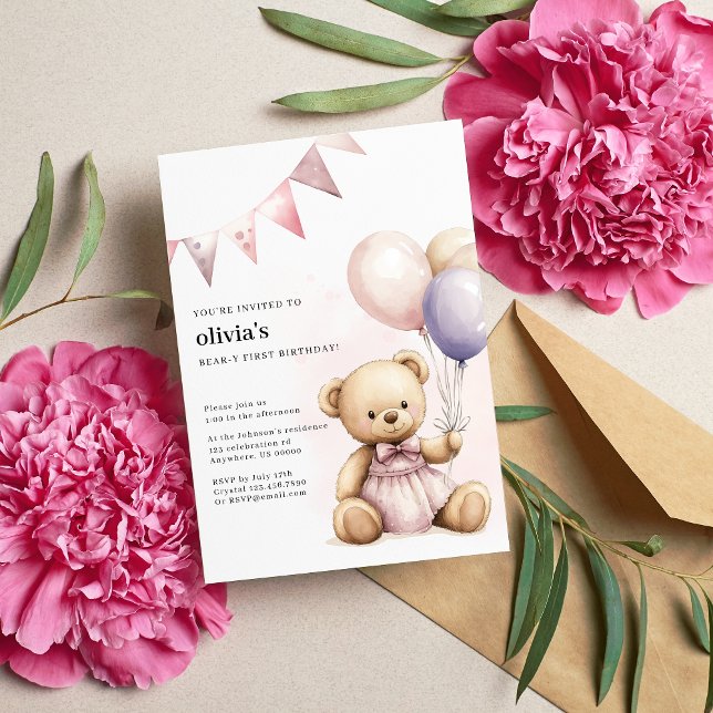 Söt Rosa Björn Första Födelsedagsinbjudan Inbjudningar (Skapare uppladdad)