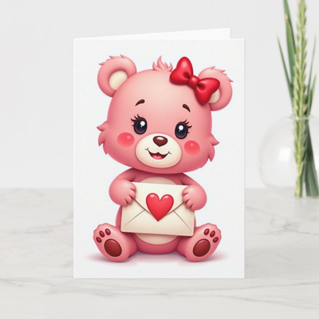 Söt Rosa Björn Kärleks Hälsokort Kort (Framsida)
