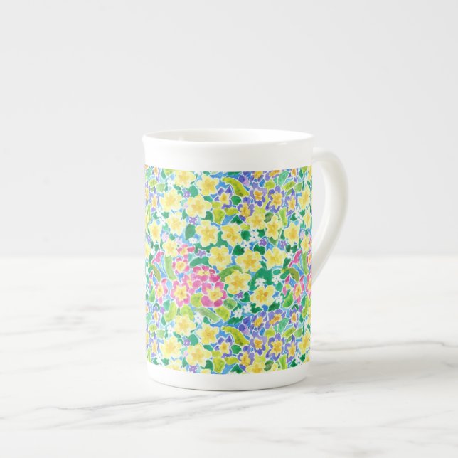 Söt Rosa, blått, Gult Primroses Bone China Mugg Benporslin Mugg (Framsida höger)