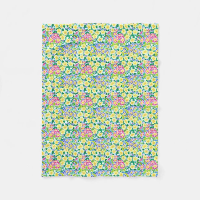 Söt Rosa, blått, Gult Primroses Fleece Blanket (Framsidan)