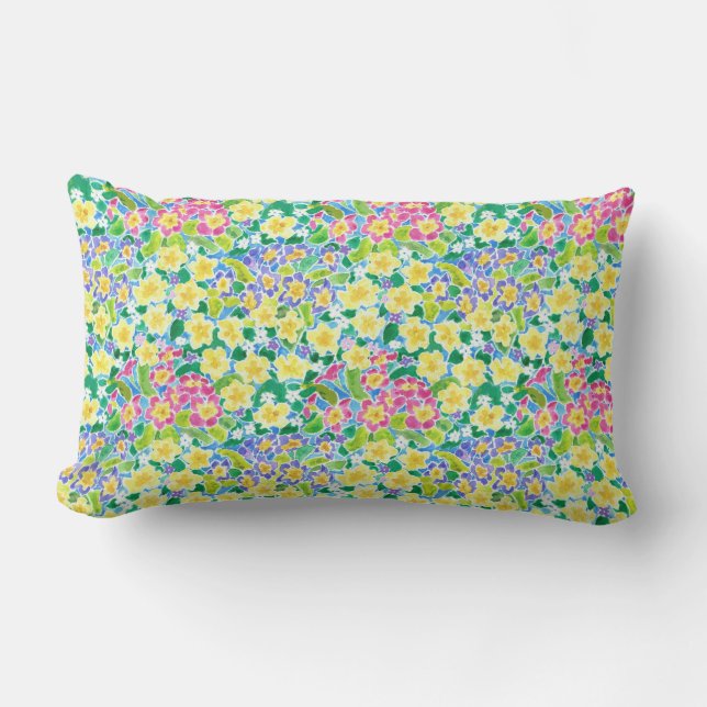 Söt Rosa, blått, Gult Primroses Lumbar Pillow Lumbarkudde (Framsida)