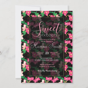 Söt Rosa Blommar Flowers Paint Black Design Inbjudningar