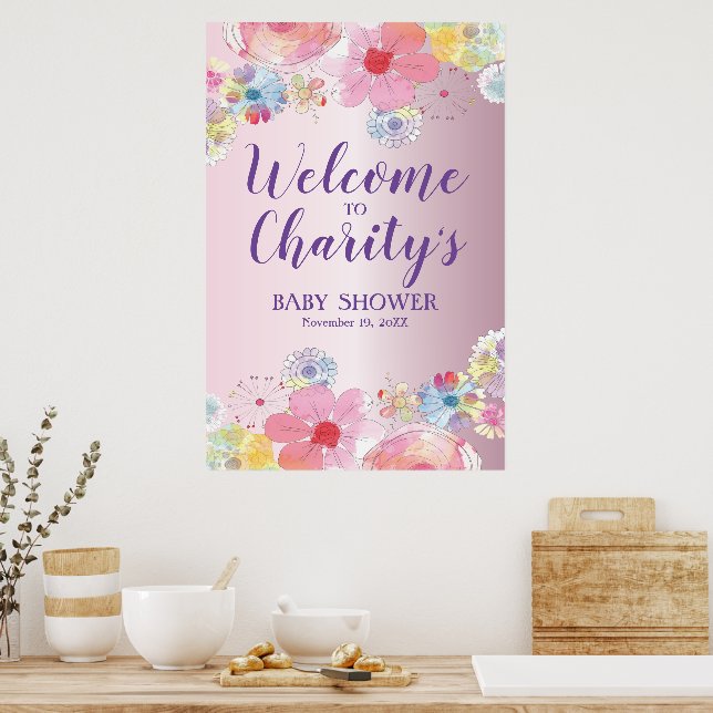 Söt Rosa Blommig Baby Shower Poster (Kök)