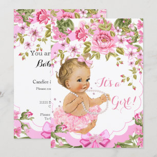 Söt Rosa Blommig Bebis Shower Flick Blond Tutu Inbjudningar