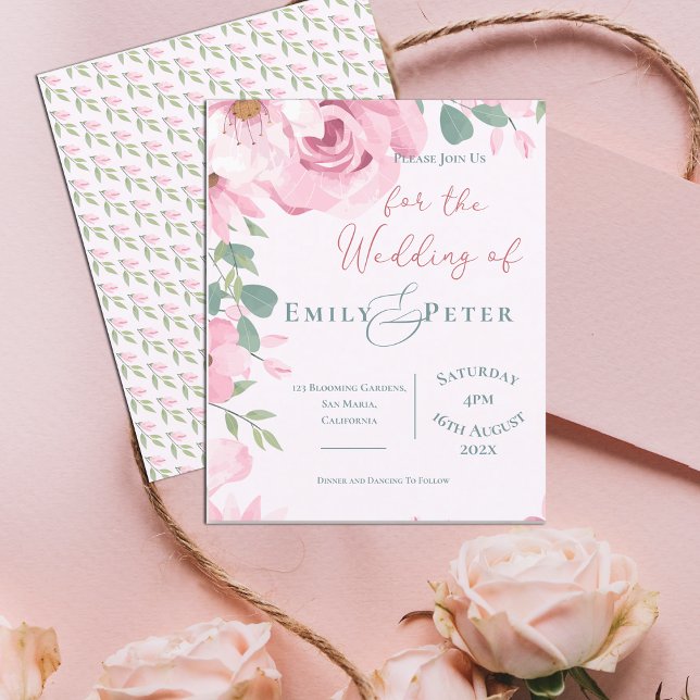 Söt Rosa Blommig Bröllopsinbjudan (Cute Pretty Blush Pink Florals Wedding invitation)