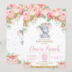 Söt Rosa Blommig Elefant Baby Shower Baby Flicka Inbjudningar
