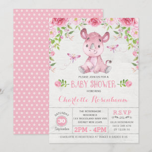 Söt Rosa Blommig Noshörning Babyflicka Shower Inbjudningar