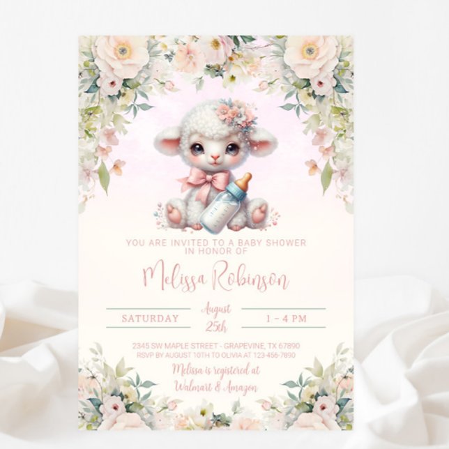 Söt rosa blommig nyfödd lamm-babyshower inbjudningar (Skapare uppladdad)