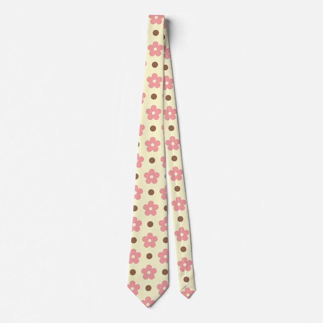 Söt rosa blommig och brun prickig retro slips (Framsida)
