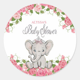 Söt Rosa Blommig Prinsessa Elefant Baby Shower Runt Klistermärke