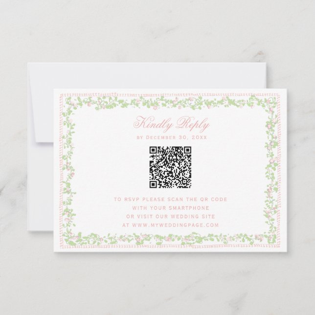 Söt rosa blommig ram RSVP med QR-kod för bow (Framsida)