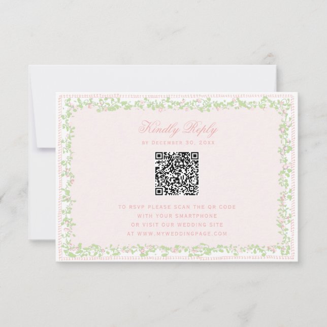 Söt rosa blommig ram RSVP med QR-kod för bow (Framsida)