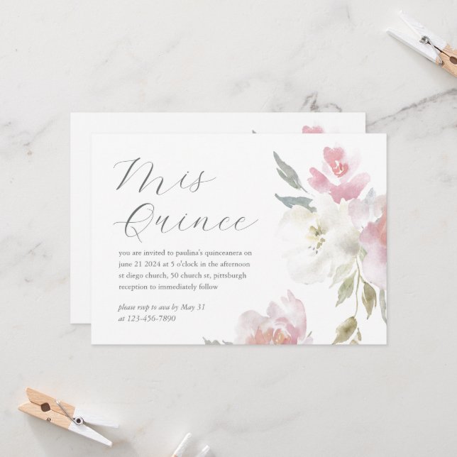 Söt Rosa Blommigt 15: Quinceañera Photo Inbjudningar (Fram/Back In Situ)