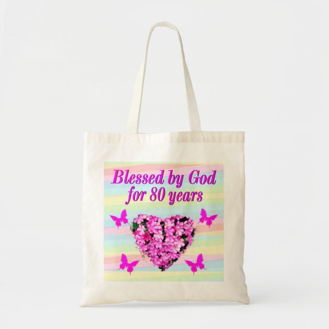 SÖT ROSA BLOMMIGT 80 BIRTHDAY BLESSING TOTE BAG TYGKASSE (Framsidan)