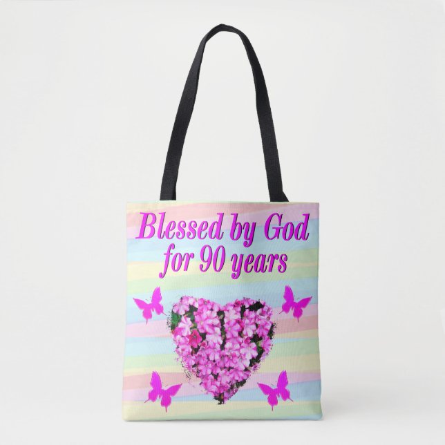 SÖT ROSA BLOMMIGT 90:E BIRTHDAY TOTE BAG TYGKASSE (Framsida)