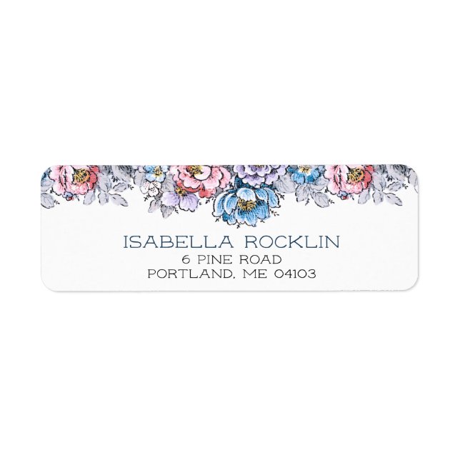 Söt Rosa, Blommigt av blått och Lila Returadress Etikett (Framsidan)