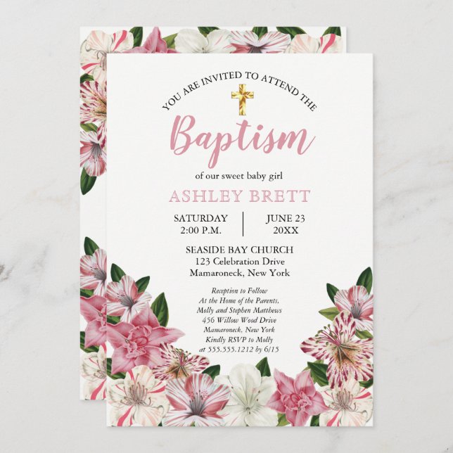 Söt Rosa | Blommigt av vit Vintage Baptism Inbjudningar (Fram/baksida)