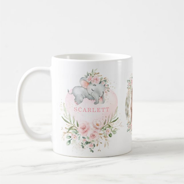 Söt  Rosa Blommigt Baby Elephant Girl Photo Kaffemugg (Vänster)