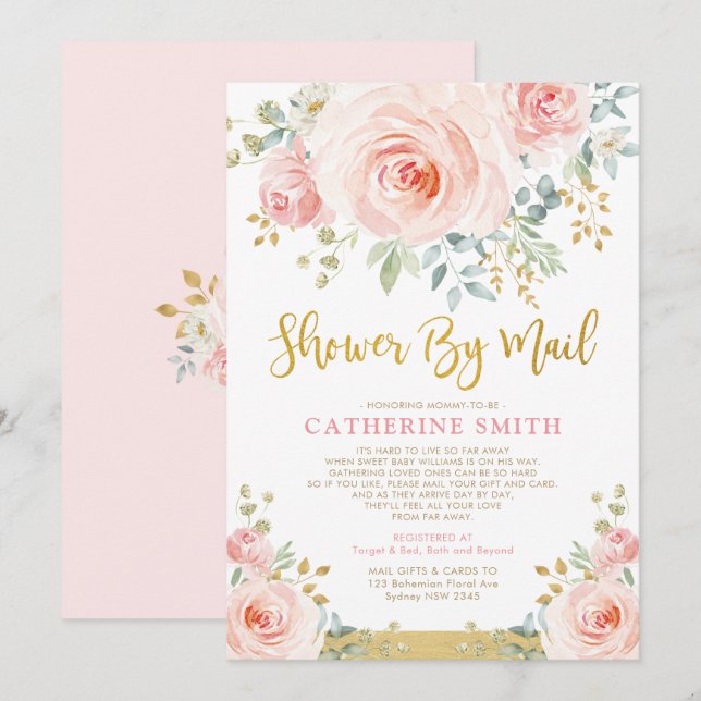 Söt  Rosa Blommigt Baby Shower by Mail Inbjudningar (Fram/baksida)