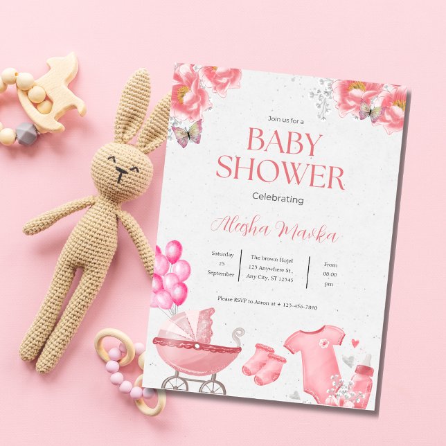 Söt  Rosa Blommigt Baby Shower-inbjudan Inbjudningar (Skapare uppladdad)