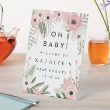 Söt Rosa Blommigt Baby Shower Välkommen Pedestal