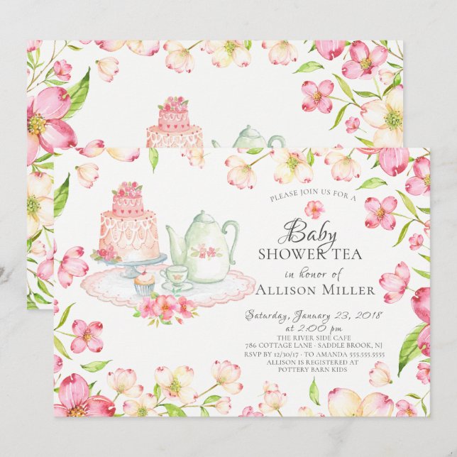 Söt Rosa Blommigt Baby Tea Party-inbjudan Inbjudningar (Fram/baksida)