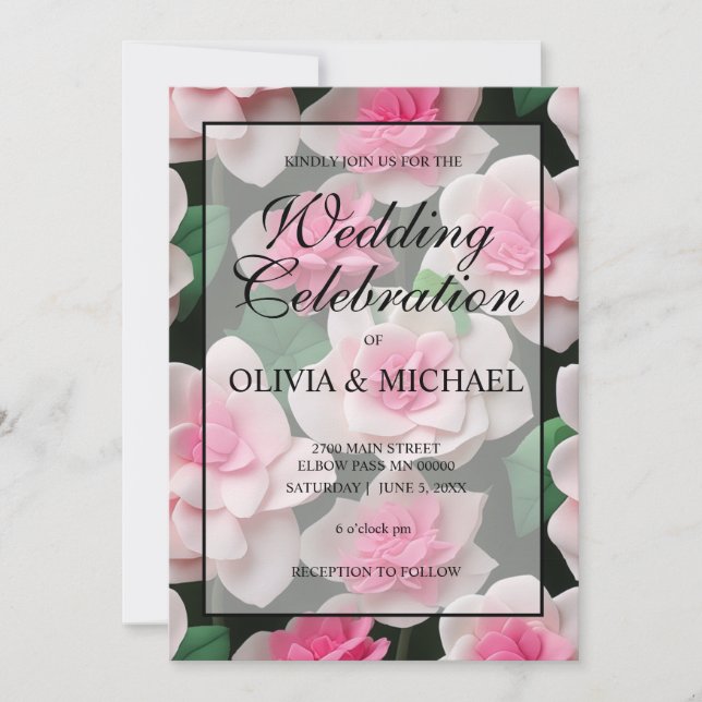 Söt rosa blommigt boho greenery mönster inbjudningar (Framsida)