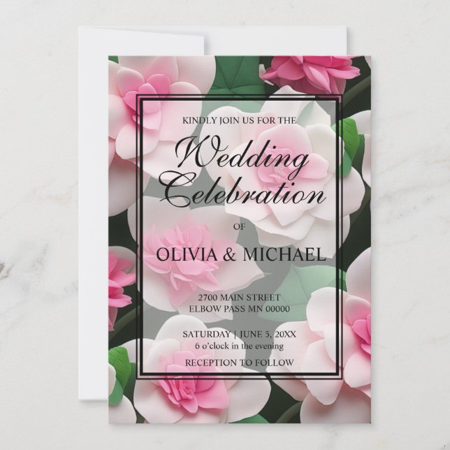 Söt rosa blommigt boho greenery mönster inbjudningar (Framsida)