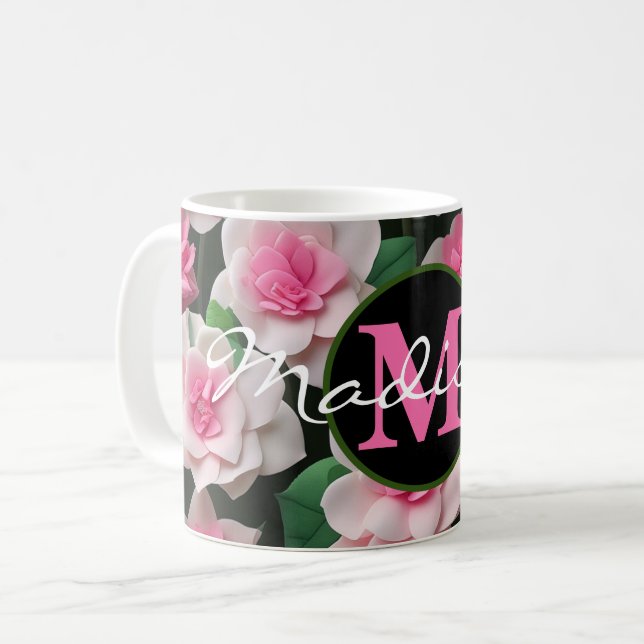 Söt rosa blommigt boho greenery mönster kaffemugg (Framsida vänster)