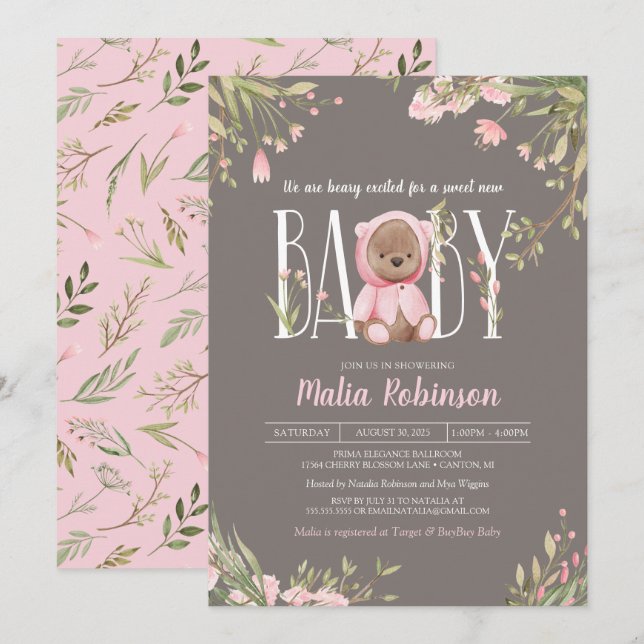 Söt Rosa Blommigt Boho Nalle Baby Shower Inv. Inbjudningar (Fram/baksida)