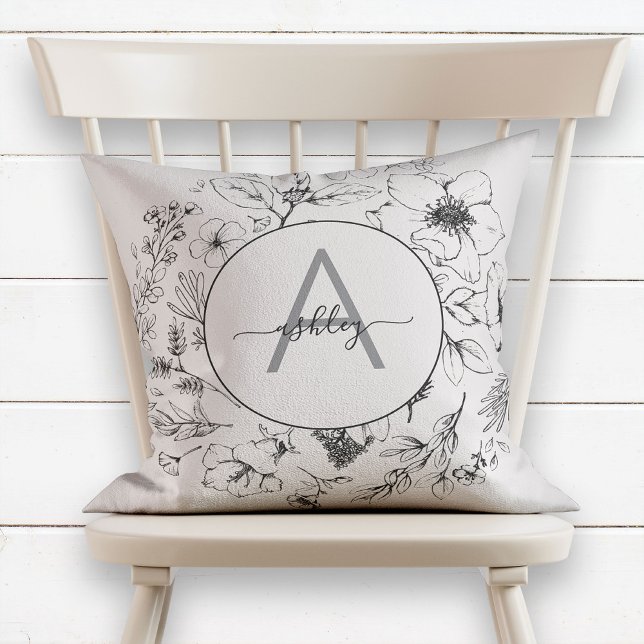 Söt  Rosa Blommigt Botaniskt monogram Kudde (Skapare uppladdad)