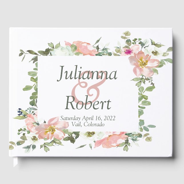 Söt rosa blommigt bröllop gäst bok (Framsida)