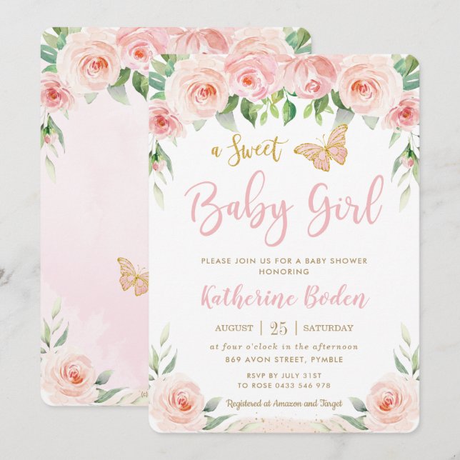 Söt  Rosa Blommigt Butterflies Baby Shower Inbjudningar (Fram/baksida)