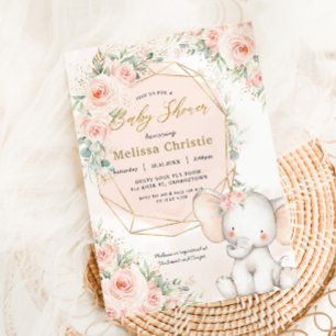 Söt Rosa Blommigt Cute Elephant Baby Shower Inbjudningar