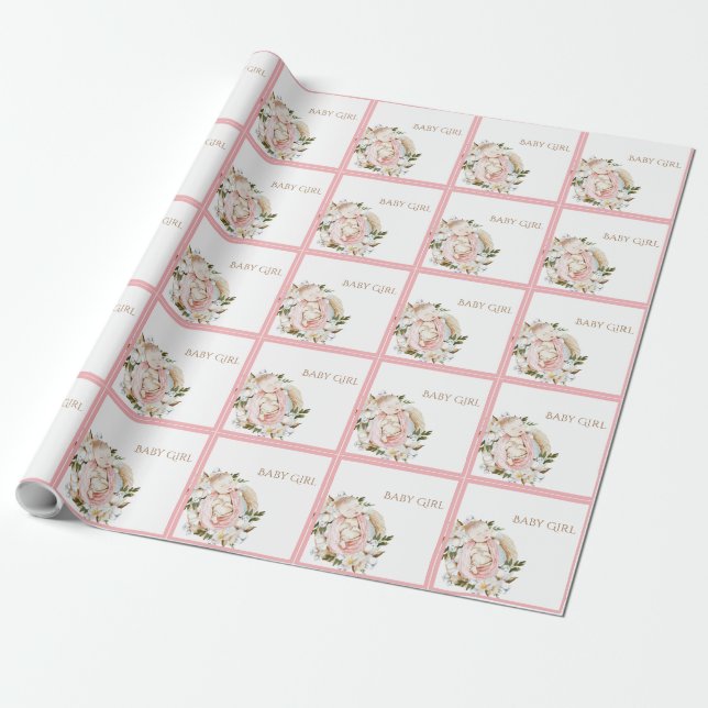Söt Rosa Blommigt Flicka Presentpapper (Utrullad)