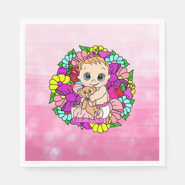 Söt Rosa Blommigt Flickans babyskor Kaukasiska Pappersservett (Framsidan)