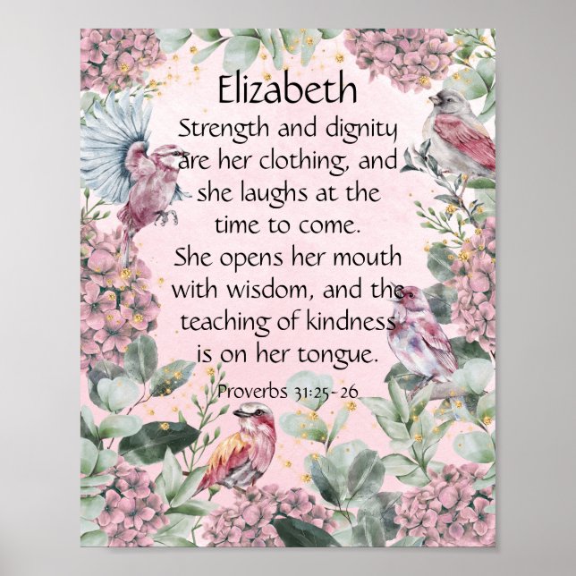 Söt Rosa Blommigt Garden Birds Proverbs 31 Bible Poster (Framsidan)
