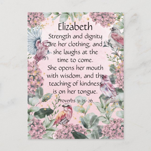 Söt Rosa Blommigt Garden Birds Proverbs 31 Bible Vykort (Framsida)