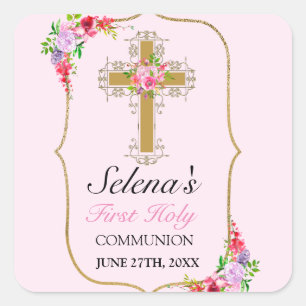 Söt Rosa Blommigt Girls 1st Heliga Communion Fyrkantigt Klistermärke