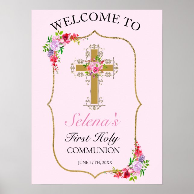 Söt Rosa Blommigt Girls 1st Heliga Communion Poster (Framsidan)