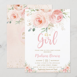 Söt  Rosa Blommigt Guld Baby Shower Inbjudningar